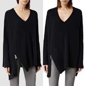 All Saints Blue Wool-Alpaca Knit V-Neck Zipper Sweater